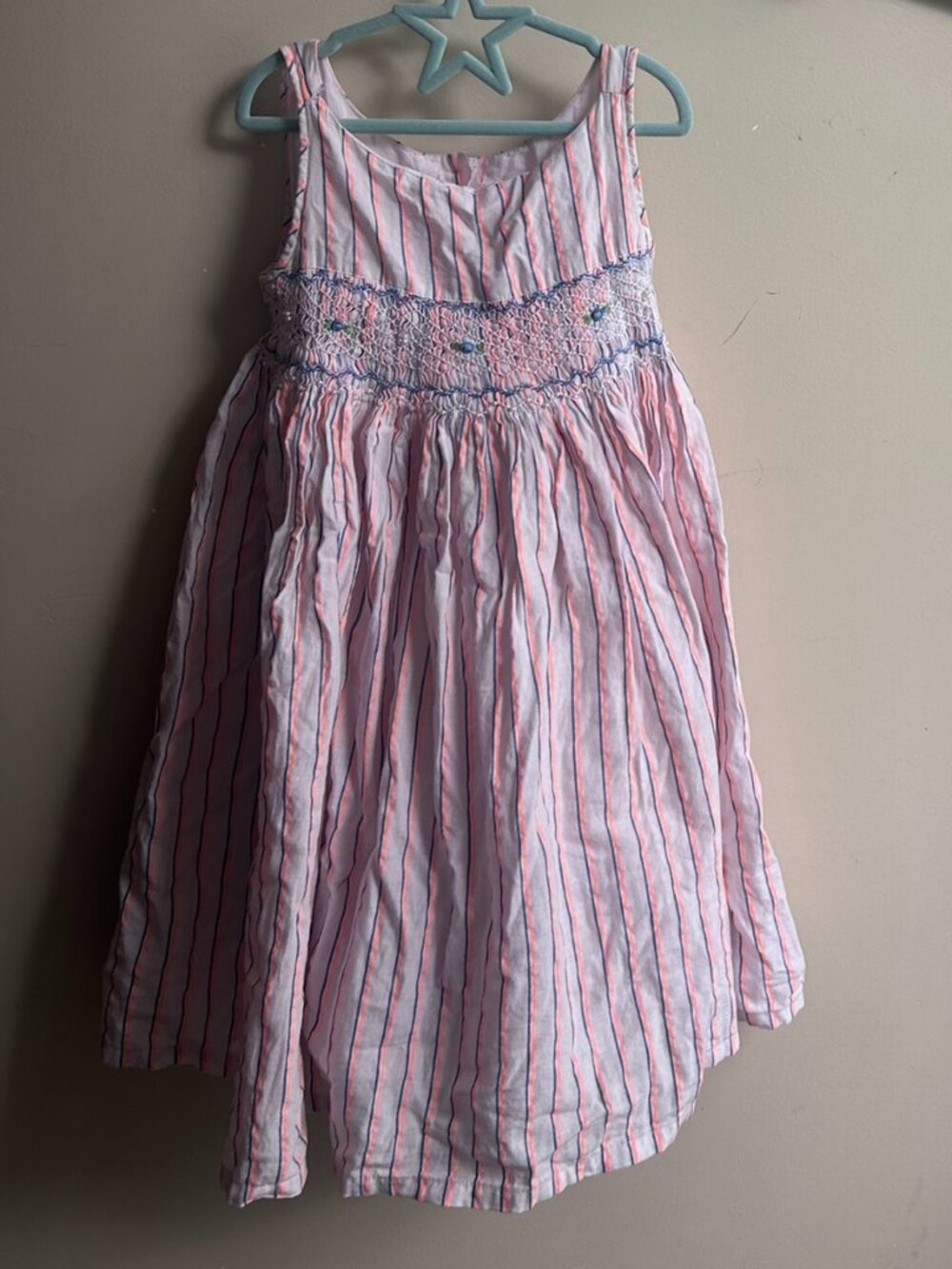 🧡💙 Vintage Minnie Minors Smocked Dress – Girls’ Size 6/7 – White, Orange & Blu
